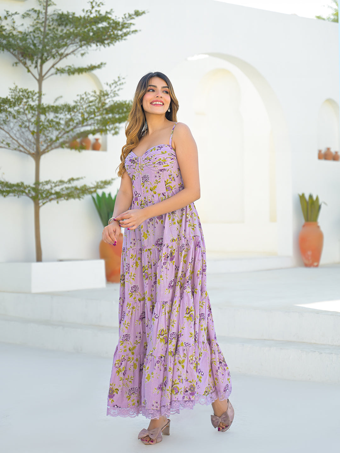Noe Velarro Light Purple Cotton Floral Print Sleeveless Long Dress