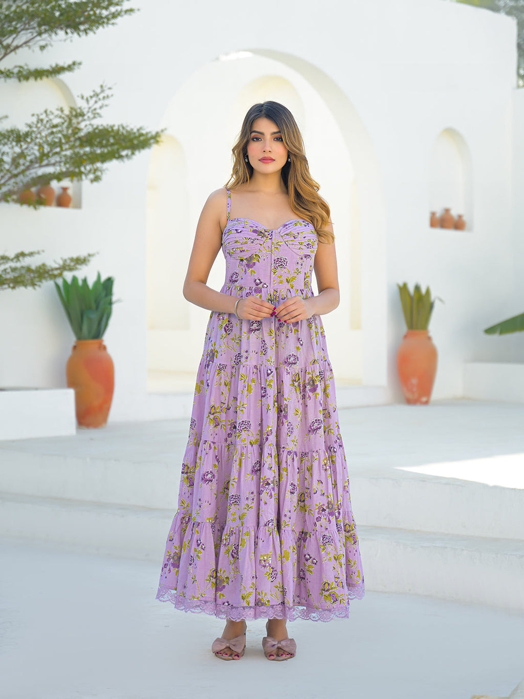 Noe Velarro Light Purple Cotton Floral Print Sleeveless Long Dress
