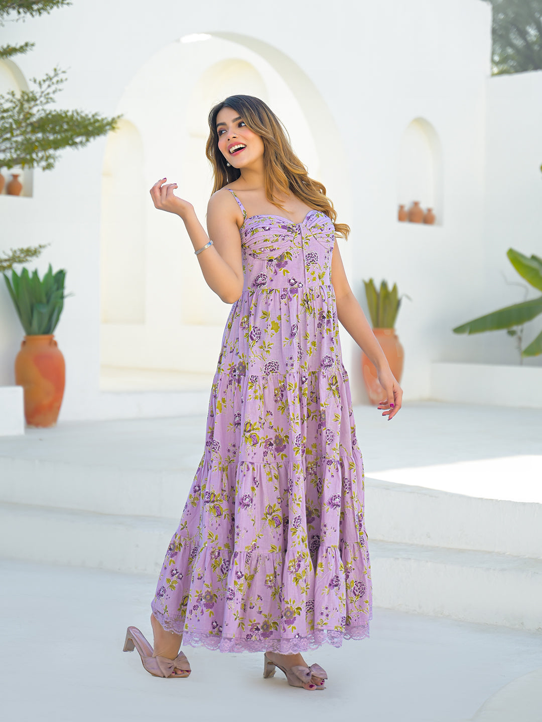 Noe Velarro Light Purple Cotton Floral Print Sleeveless Long Dress
