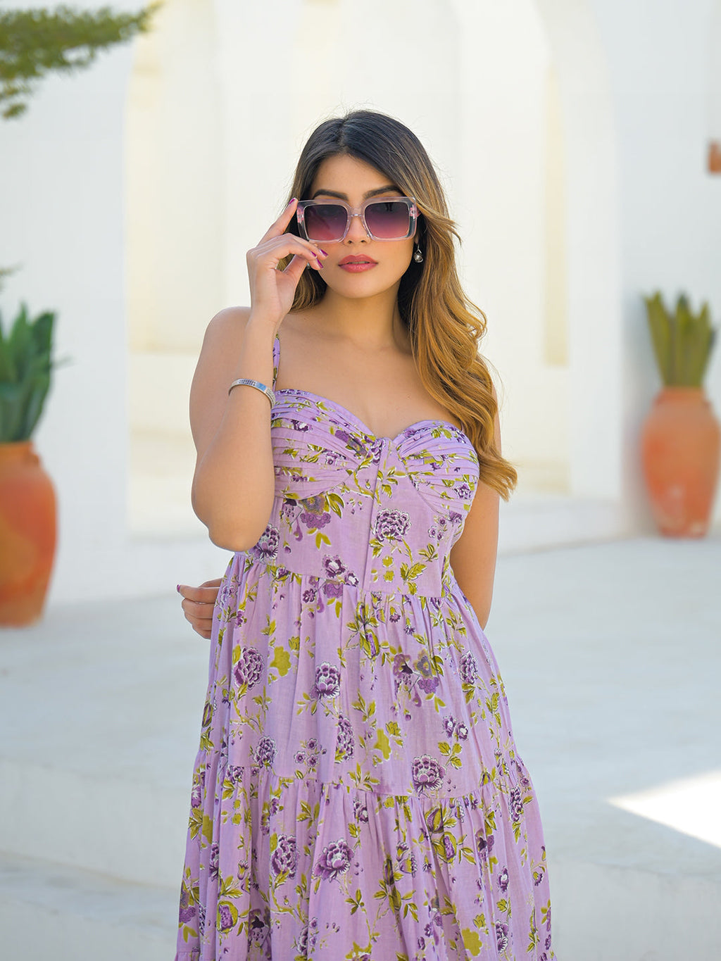 Noe Velarro Light Purple Cotton Floral Print Sleeveless Long Dress