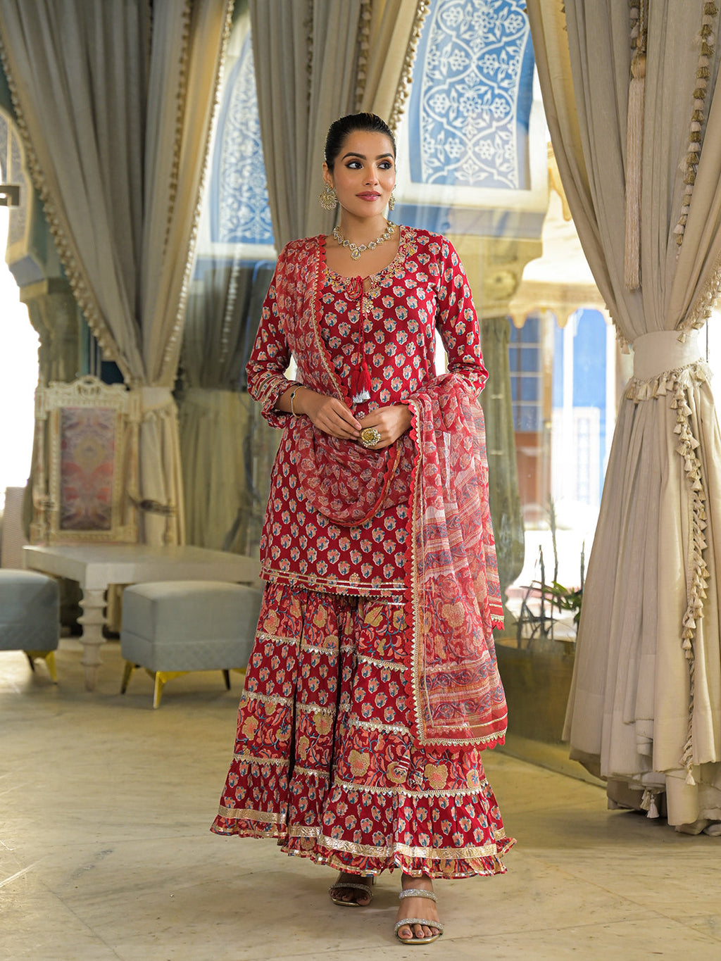 Noe Velarro Red Handblock Cotton Straight Kurta Sharara With Dupatta