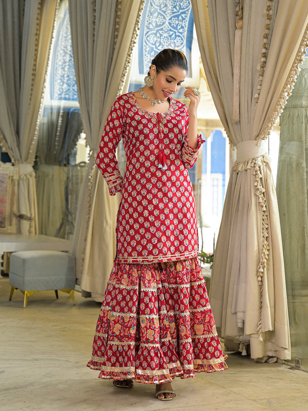 Noe Velarro Red Handblock Cotton Straight Kurta Sharara With Dupatta