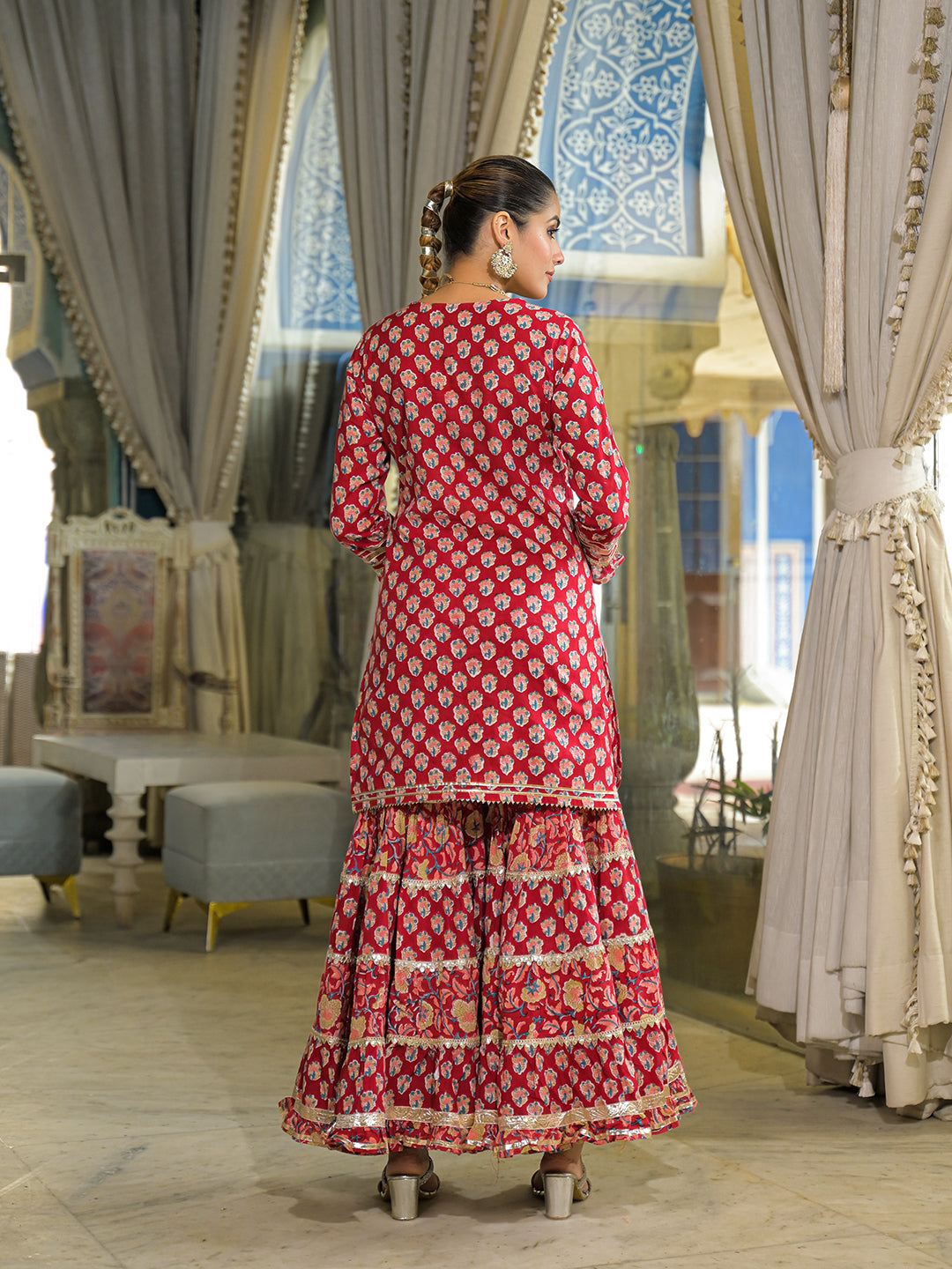 Noe Velarro Red Handblock Cotton Straight Kurta Sharara With Dupatta