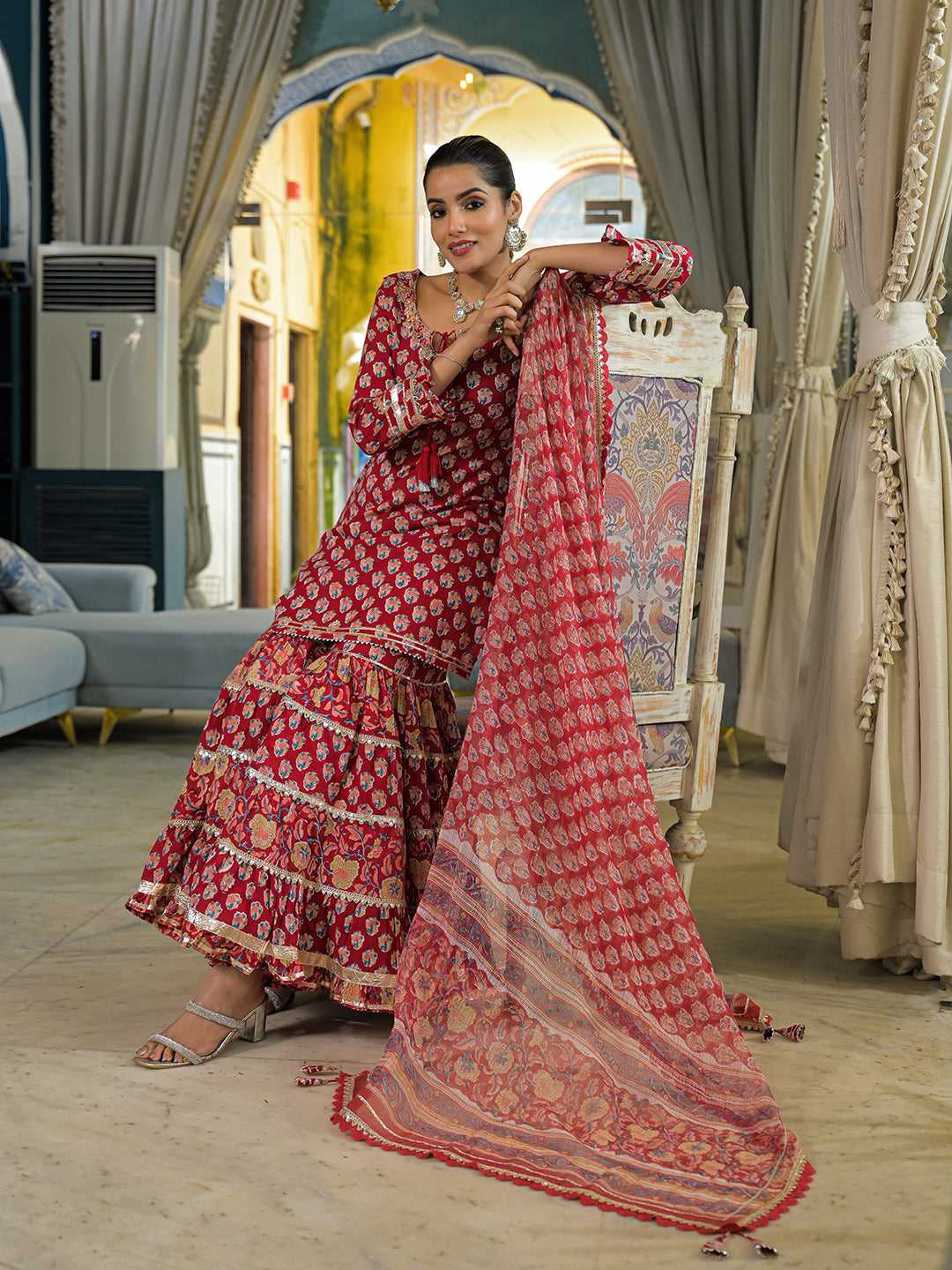 Noe Velarro Red Handblock Cotton Straight Kurta Sharara With Dupatta
