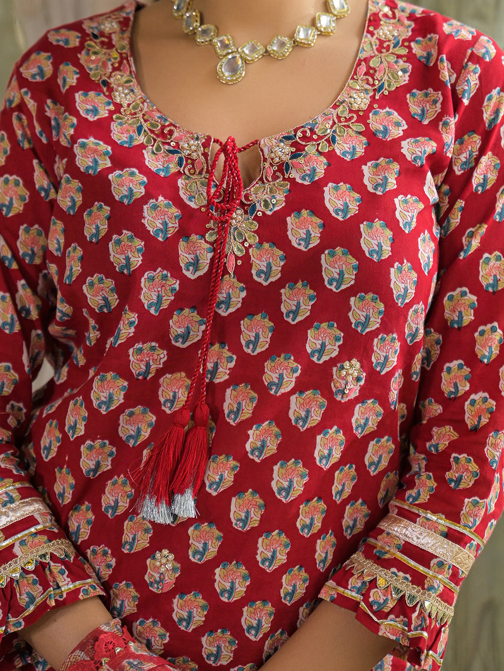Noe Velarro Red Handblock Cotton Straight Kurta Sharara With Dupatta