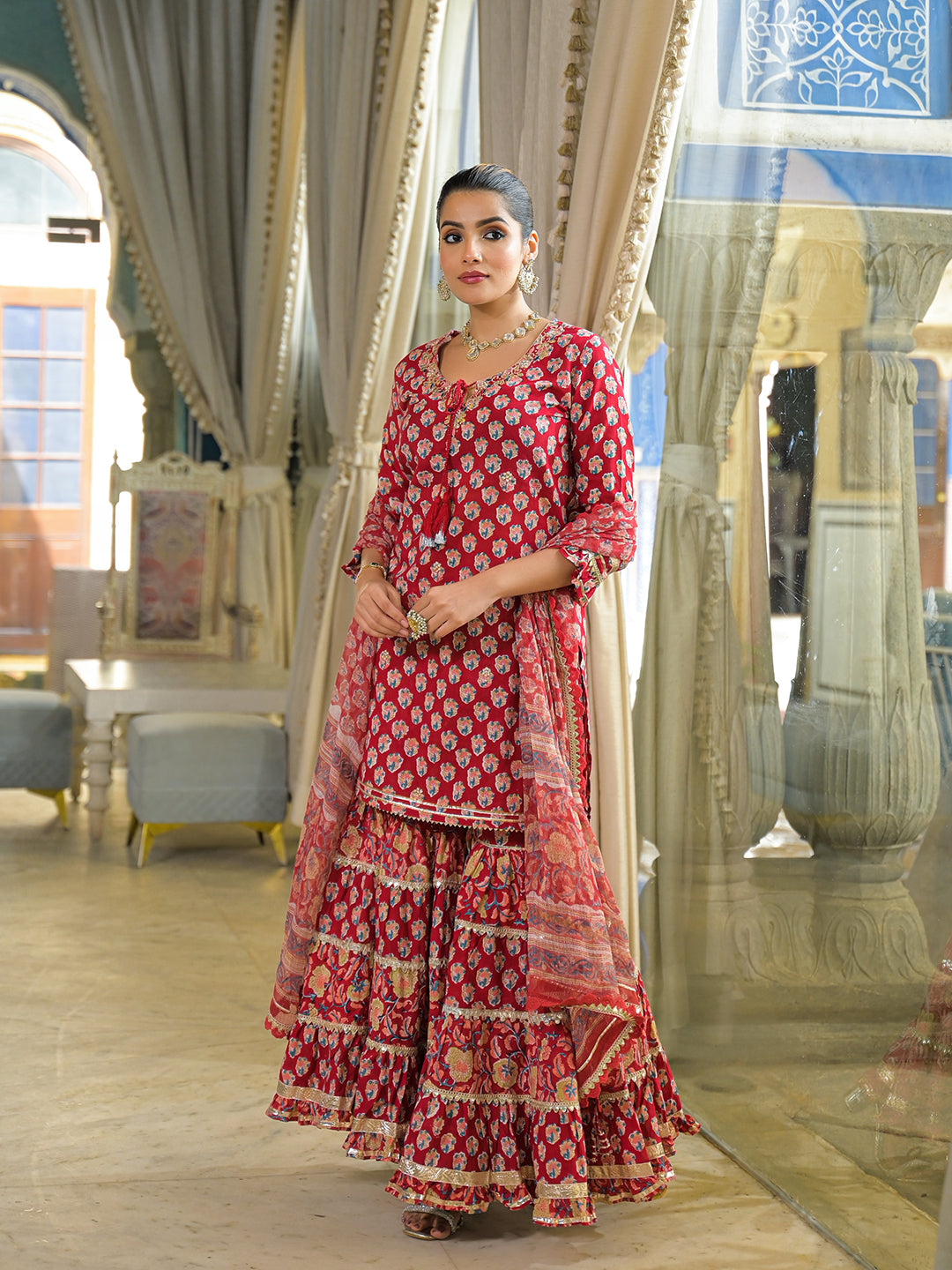 Noe Velarro Red Handblock Cotton Straight Kurta Sharara With Dupatta