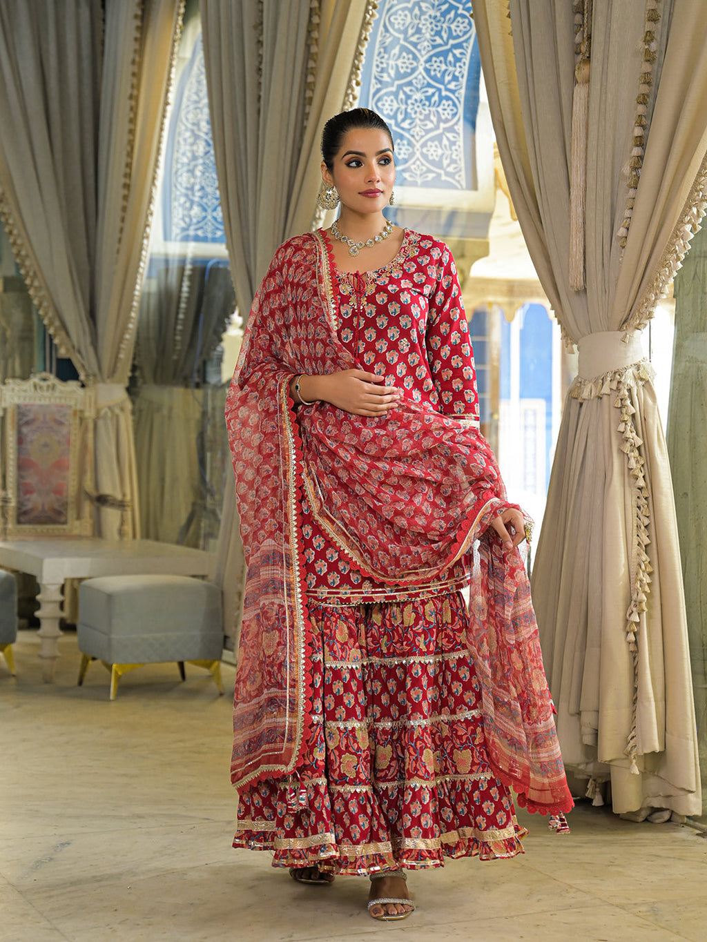 Noe Velarro Red Handblock Cotton Straight Kurta Sharara With Dupatta