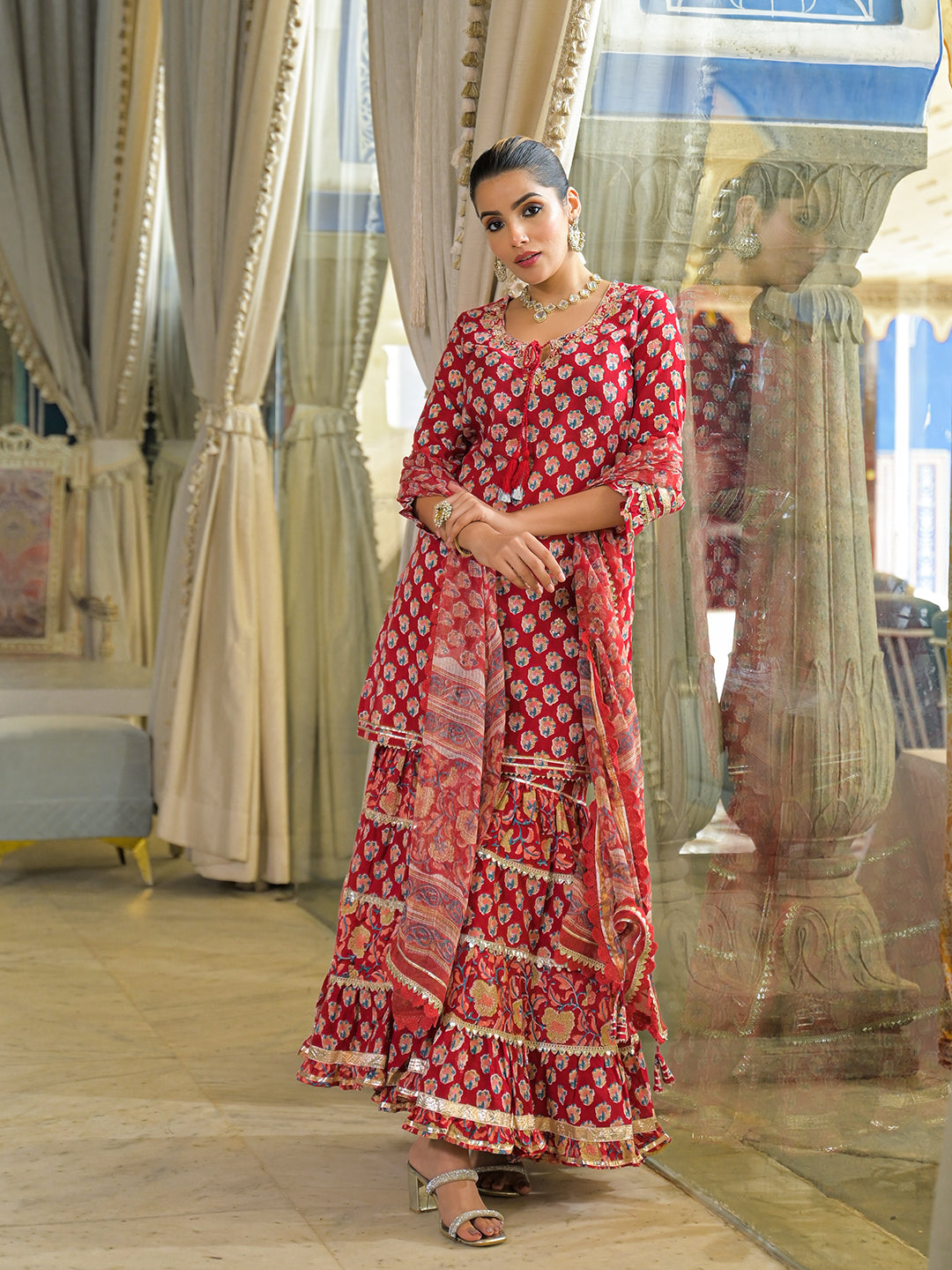 Noe Velarro Red Handblock Cotton Straight Kurta Sharara With Dupatta