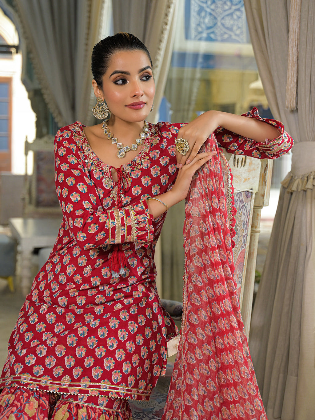 Noe Velarro Red Handblock Cotton Straight Kurta Sharara With Dupatta