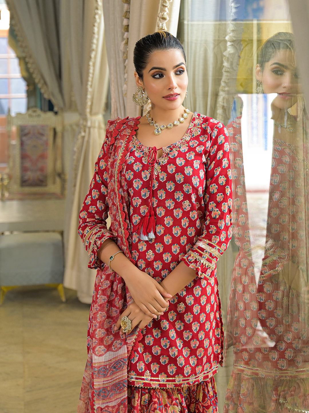 Noe Velarro Red Handblock Cotton Straight Kurta Sharara With Dupatta