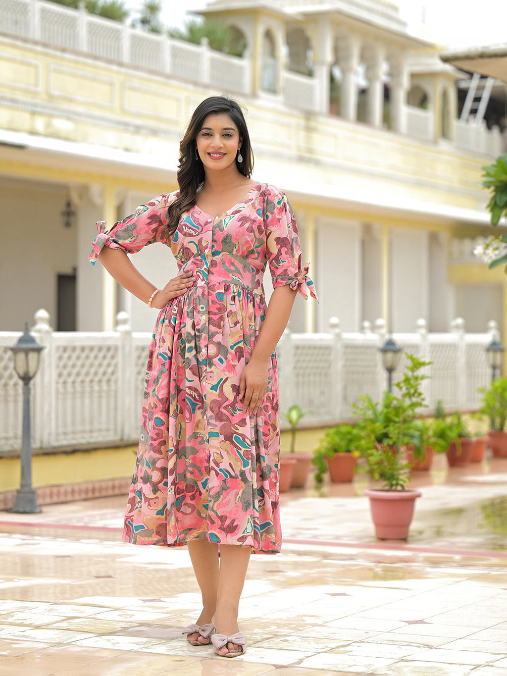 Noe Velarro Pink Rayon Flare Midi Dress