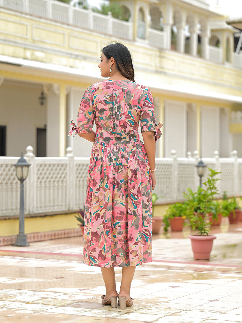 Noe Velarro Pink Rayon Flare Midi Dress