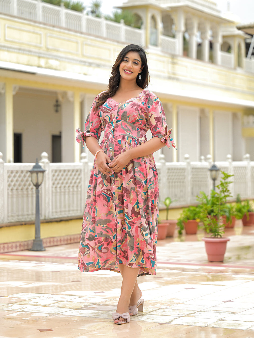 Noe Velarro Pink Rayon Flare Midi Dress