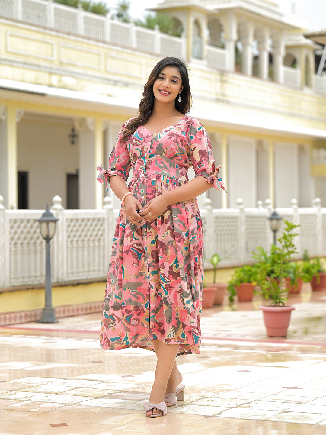Noe Velarro Pink Rayon Flare Midi Dress