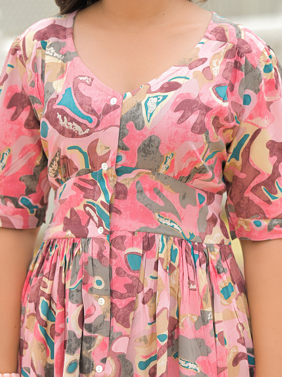 Noe Velarro Pink Rayon Flare Midi Dress