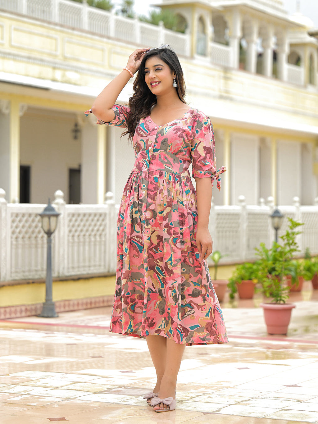 Noe Velarro Pink Rayon Flare Midi Dress