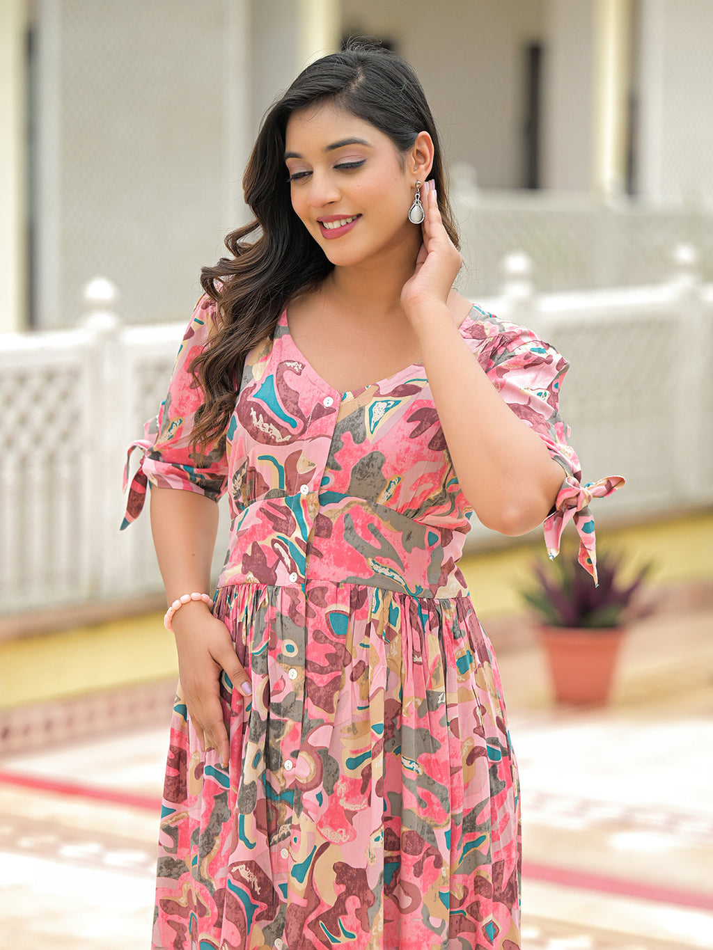 Noe Velarro Pink Rayon Flare Midi Dress