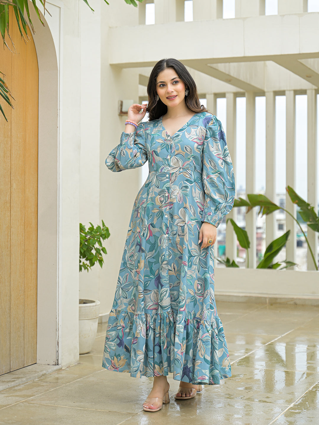 Noe Velarro Sky Blue Rayon Flare Dress
