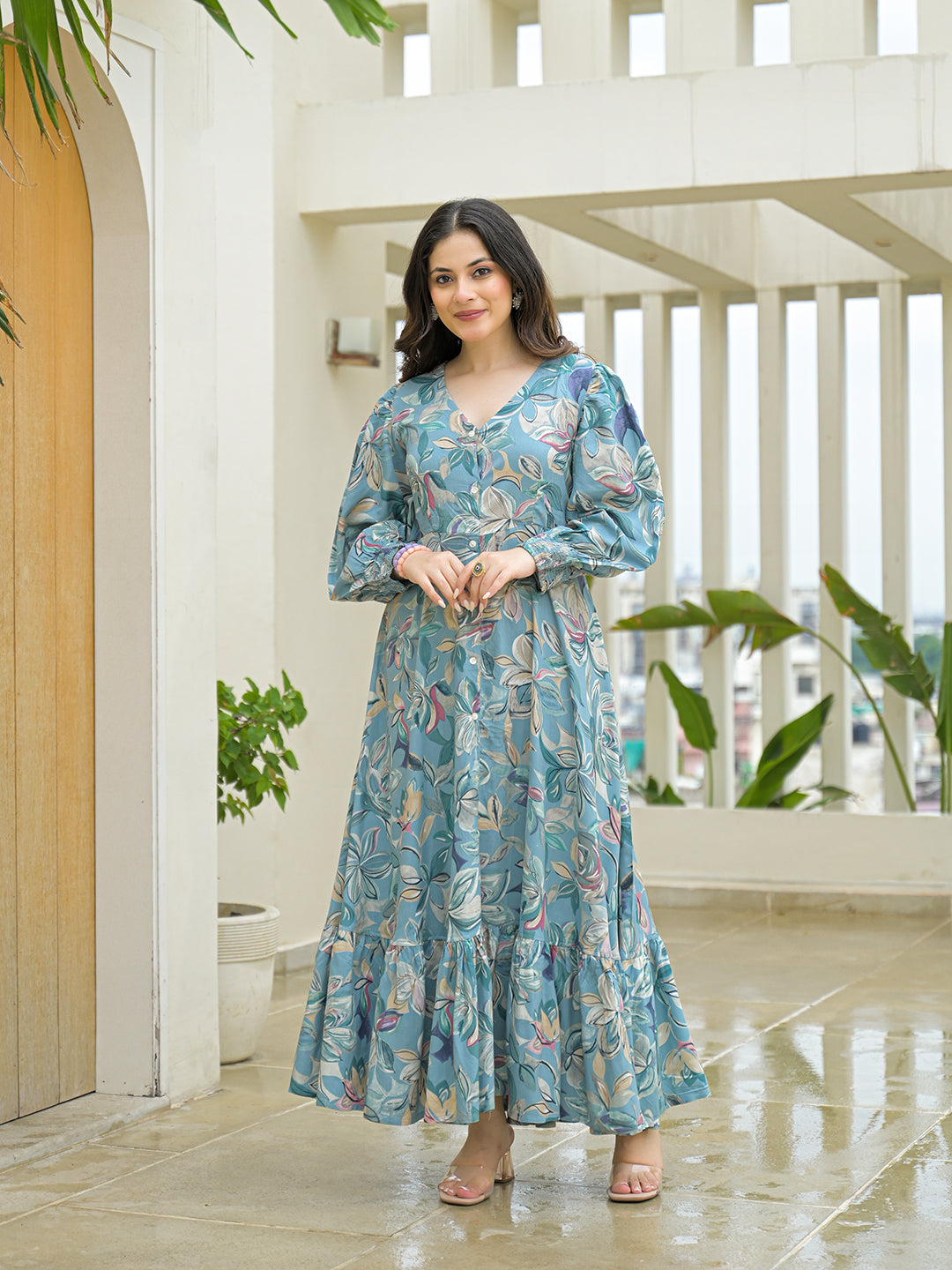Noe Velarro Sky Blue Rayon Flare Dress