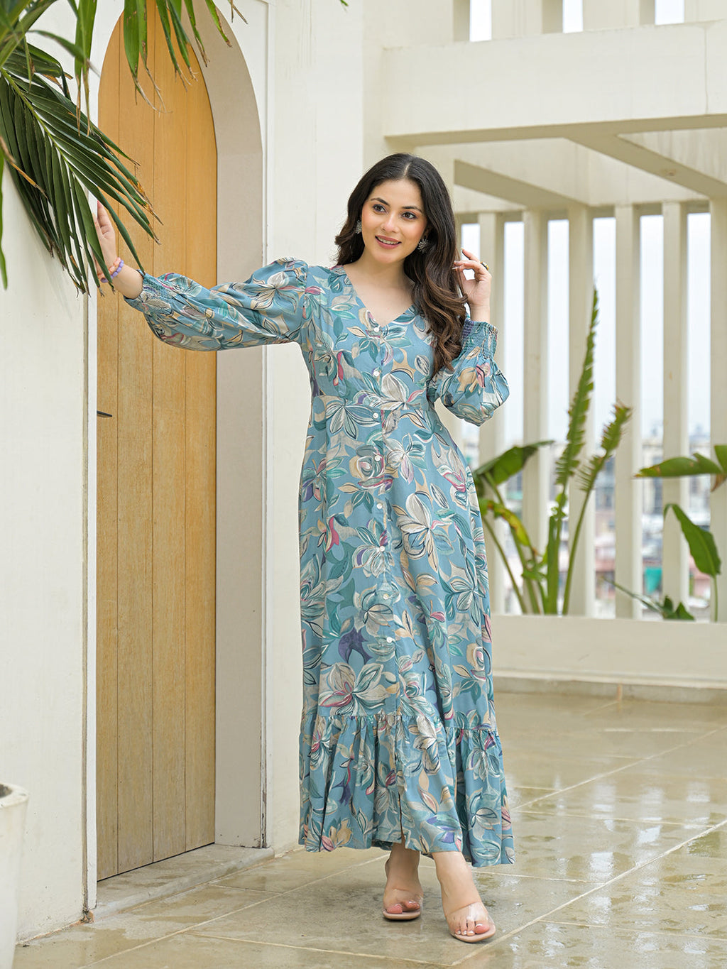 Noe Velarro Sky Blue Rayon Flare Dress