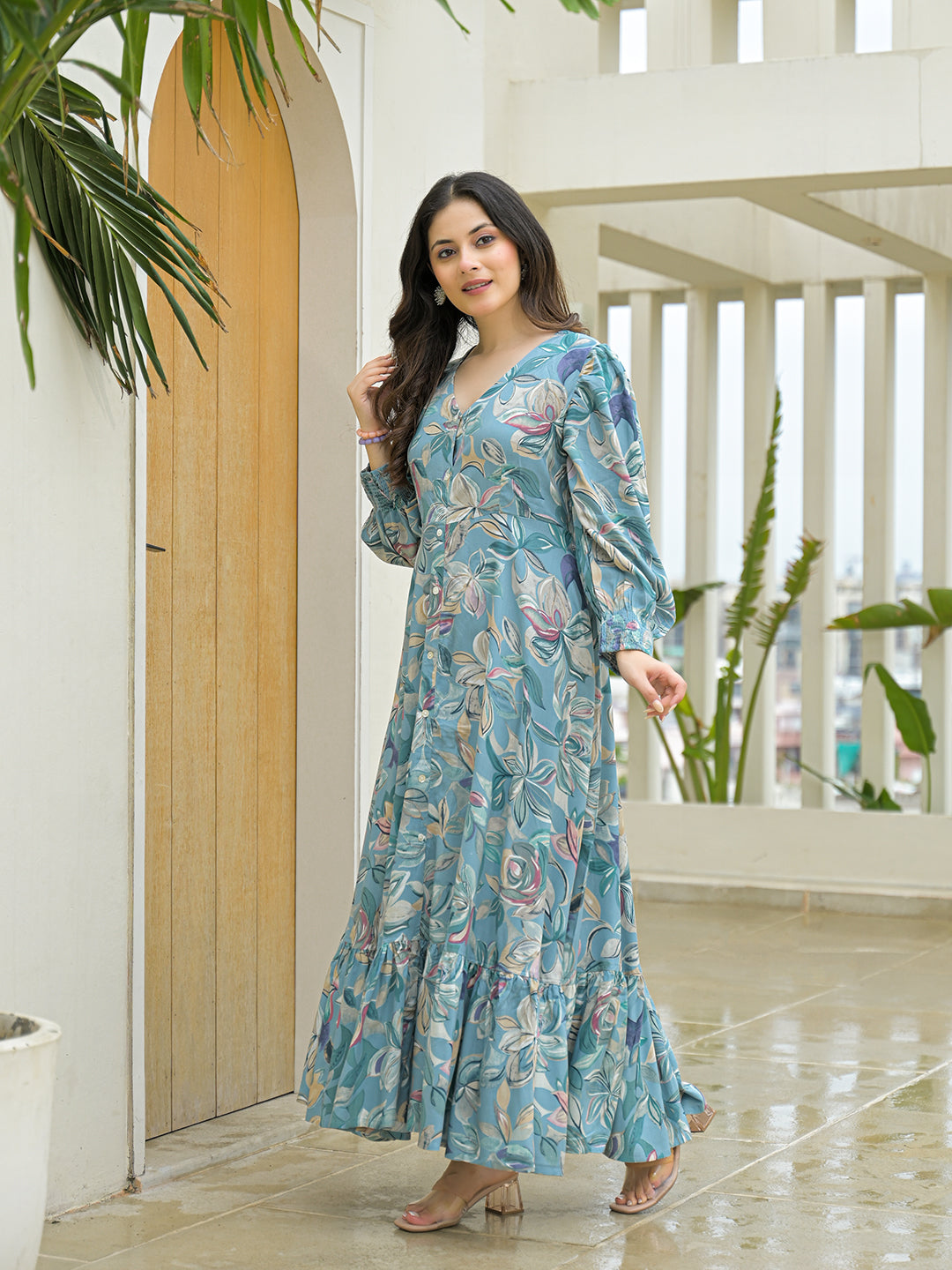 Noe Velarro Sky Blue Rayon Flare Dress
