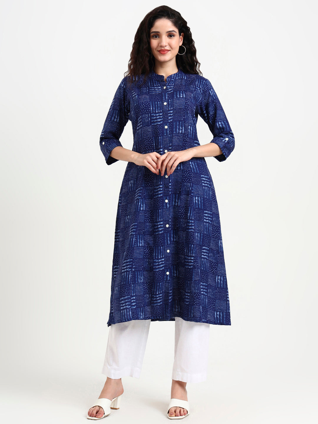 Noe Velarro Indigo Blue Geometric Print Rayon Kurta