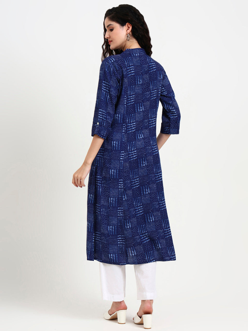 Noe Velarro Indigo Blue Geometric Print Rayon Kurta