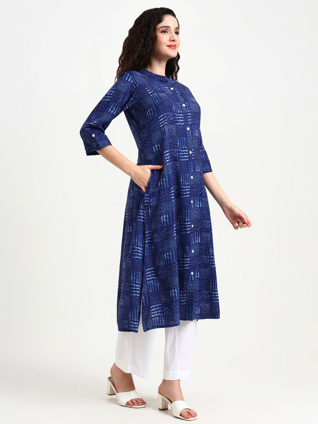 Noe Velarro Indigo Blue Geometric Print Rayon Kurta