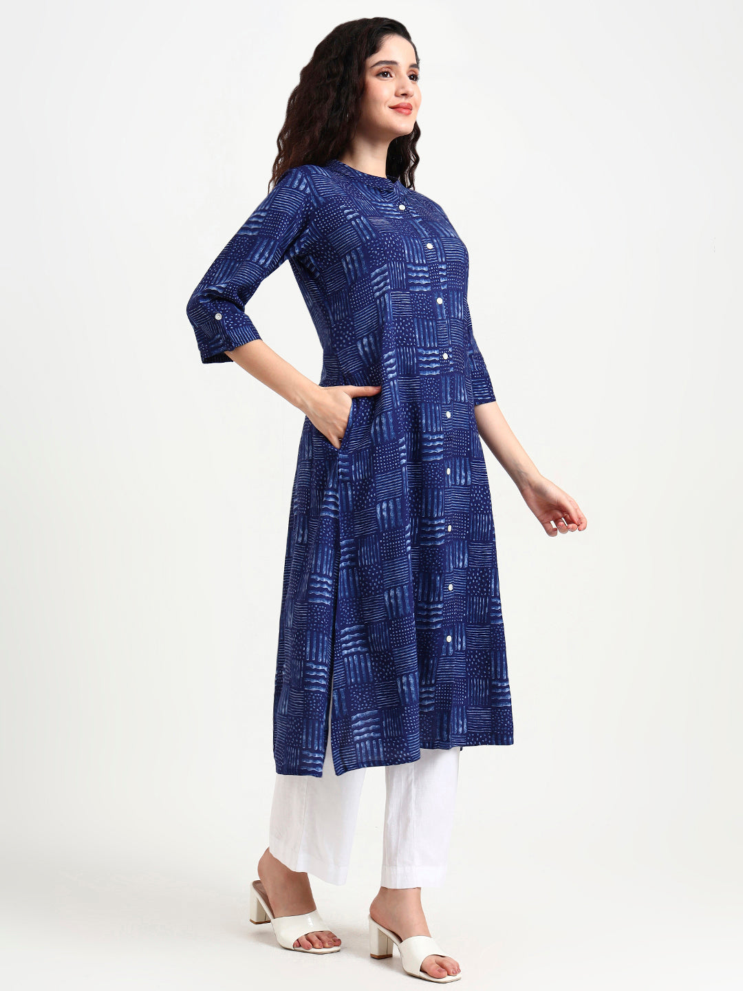 Noe Velarro Indigo Blue Geometric Print Rayon Kurta