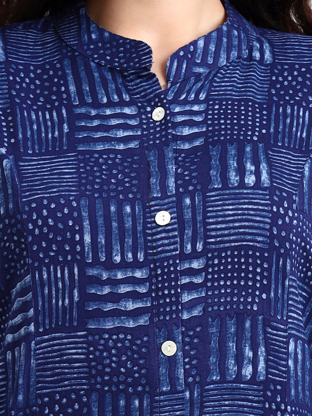 Noe Velarro Indigo Blue Geometric Print Rayon Kurta