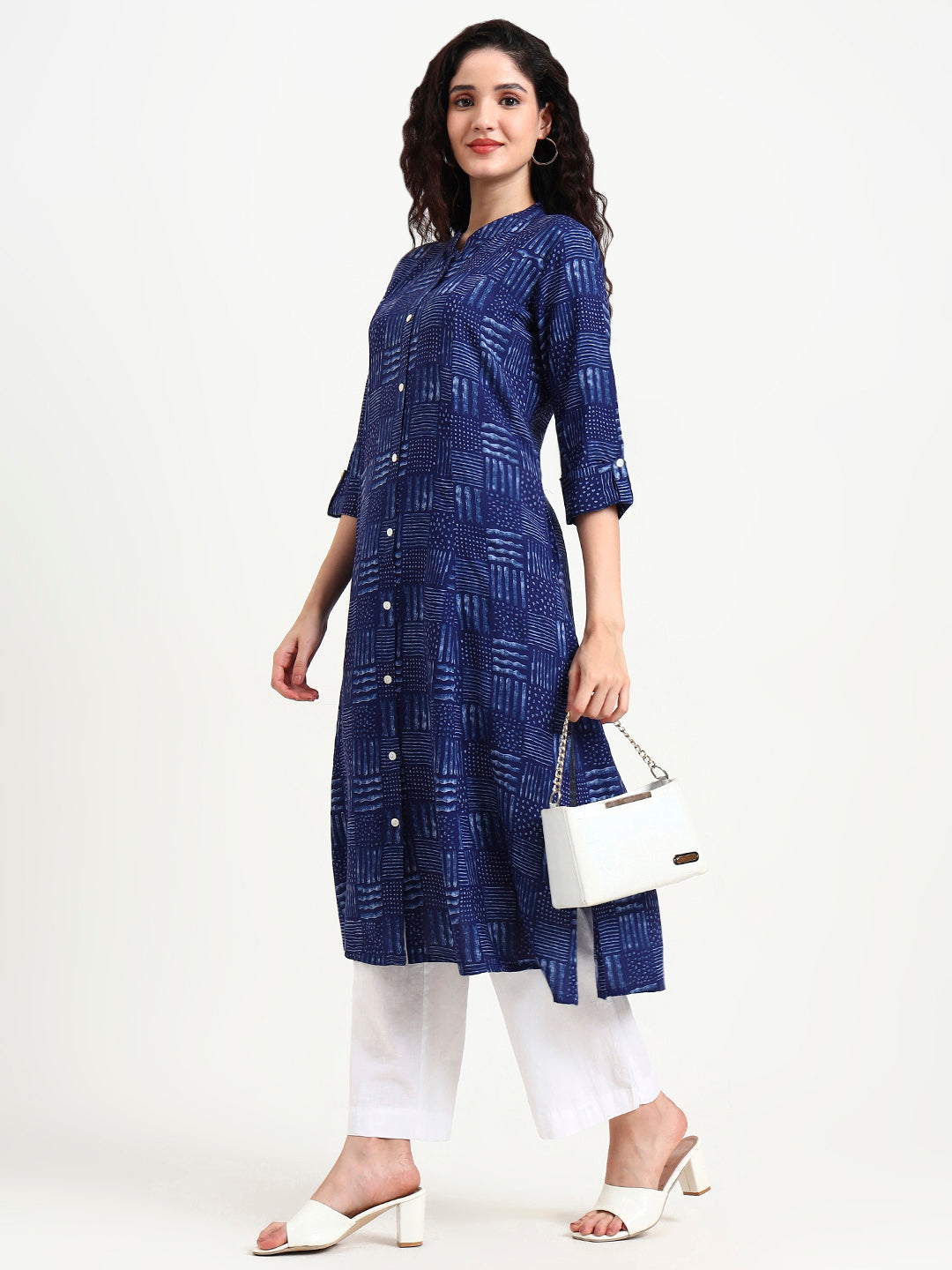 Noe Velarro Indigo Blue Geometric Print Rayon Kurta