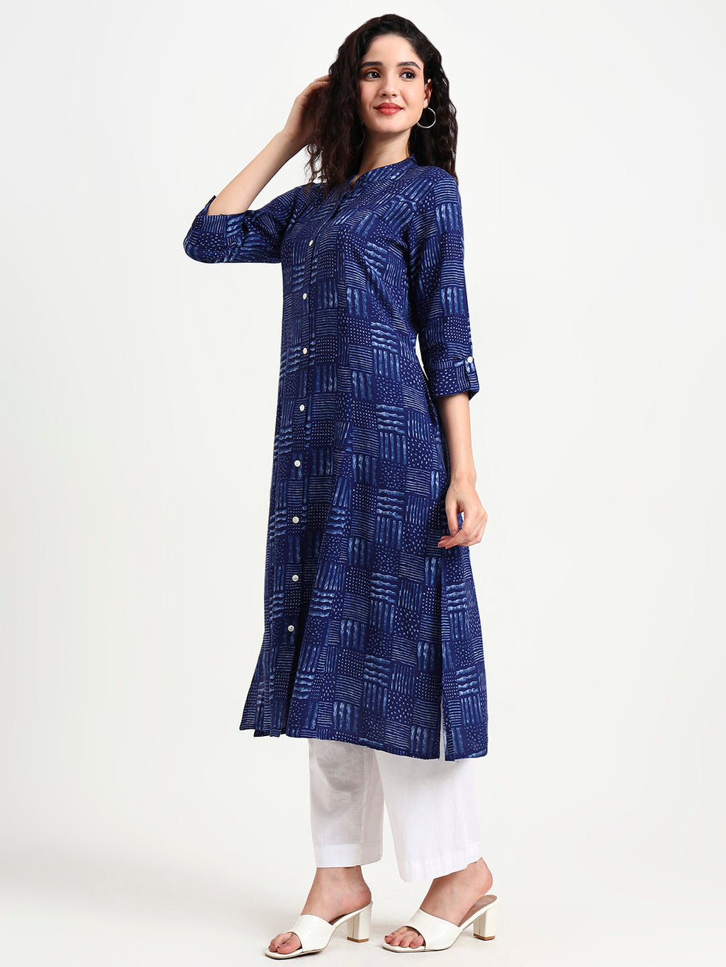 Noe Velarro Indigo Blue Geometric Print Rayon Kurta