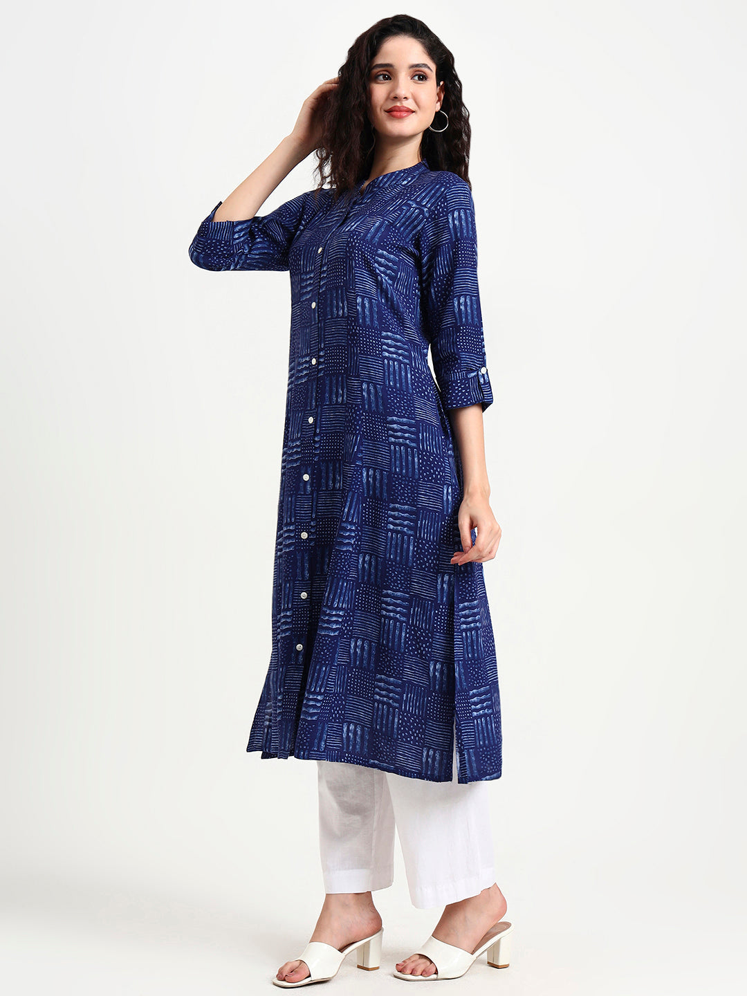 Noe Velarro Indigo Blue Geometric Print Rayon Kurta