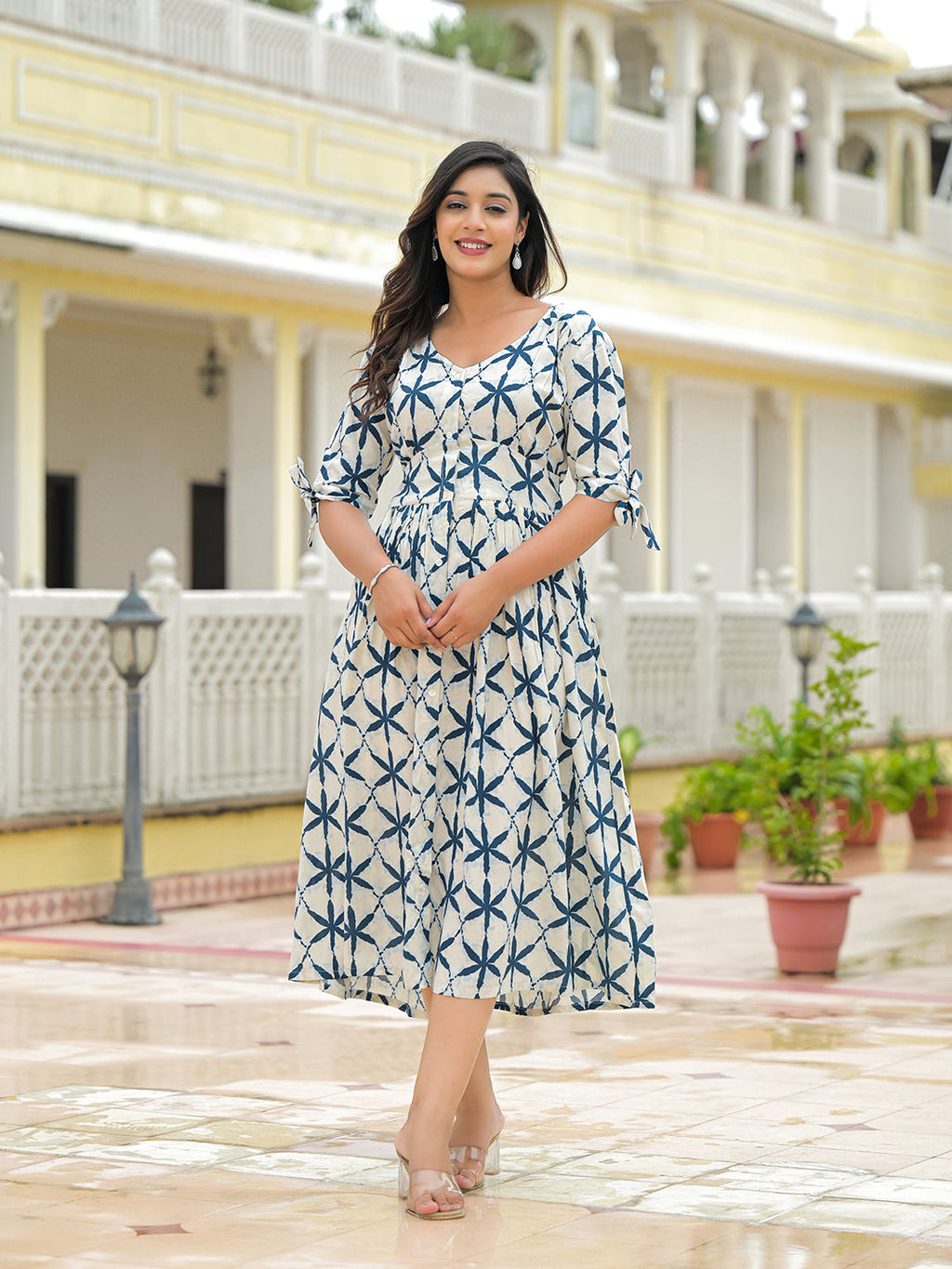 Noe Velarro Cream Rayon Flare Midi Dress