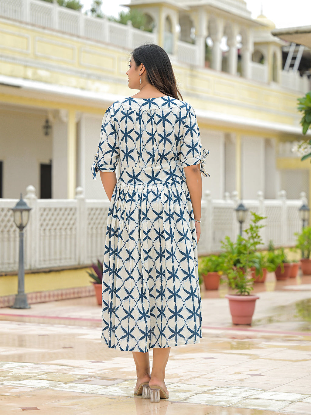 Noe Velarro Cream Rayon Flare Midi Dress