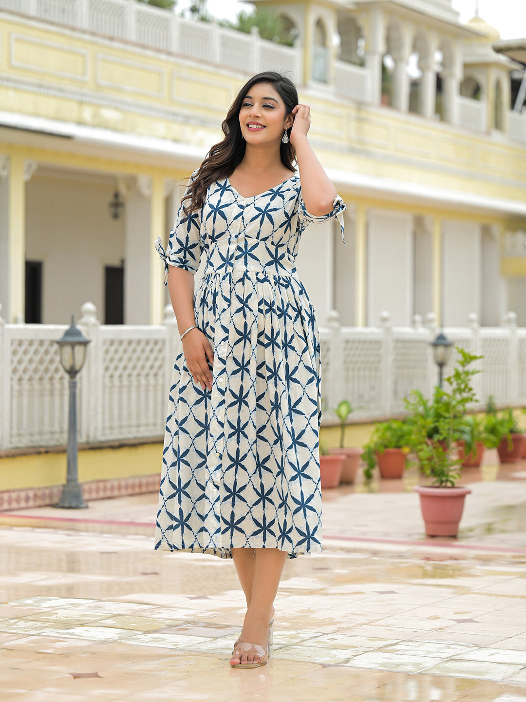 Noe Velarro Cream Rayon Flare Midi Dress