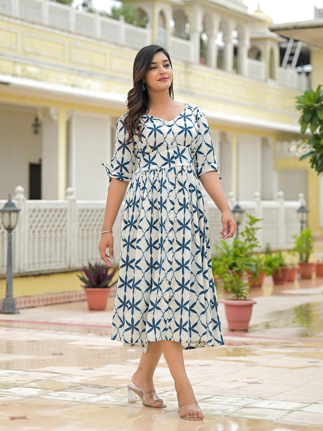 Noe Velarro Cream Rayon Flare Midi Dress
