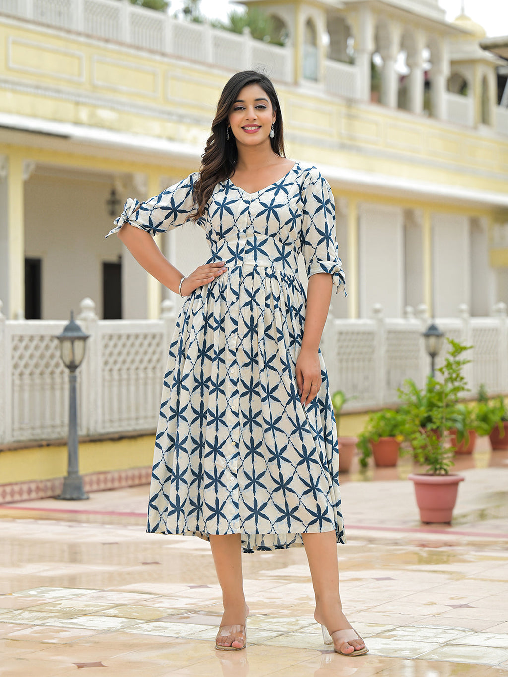 Noe Velarro Cream Rayon Flare Midi Dress