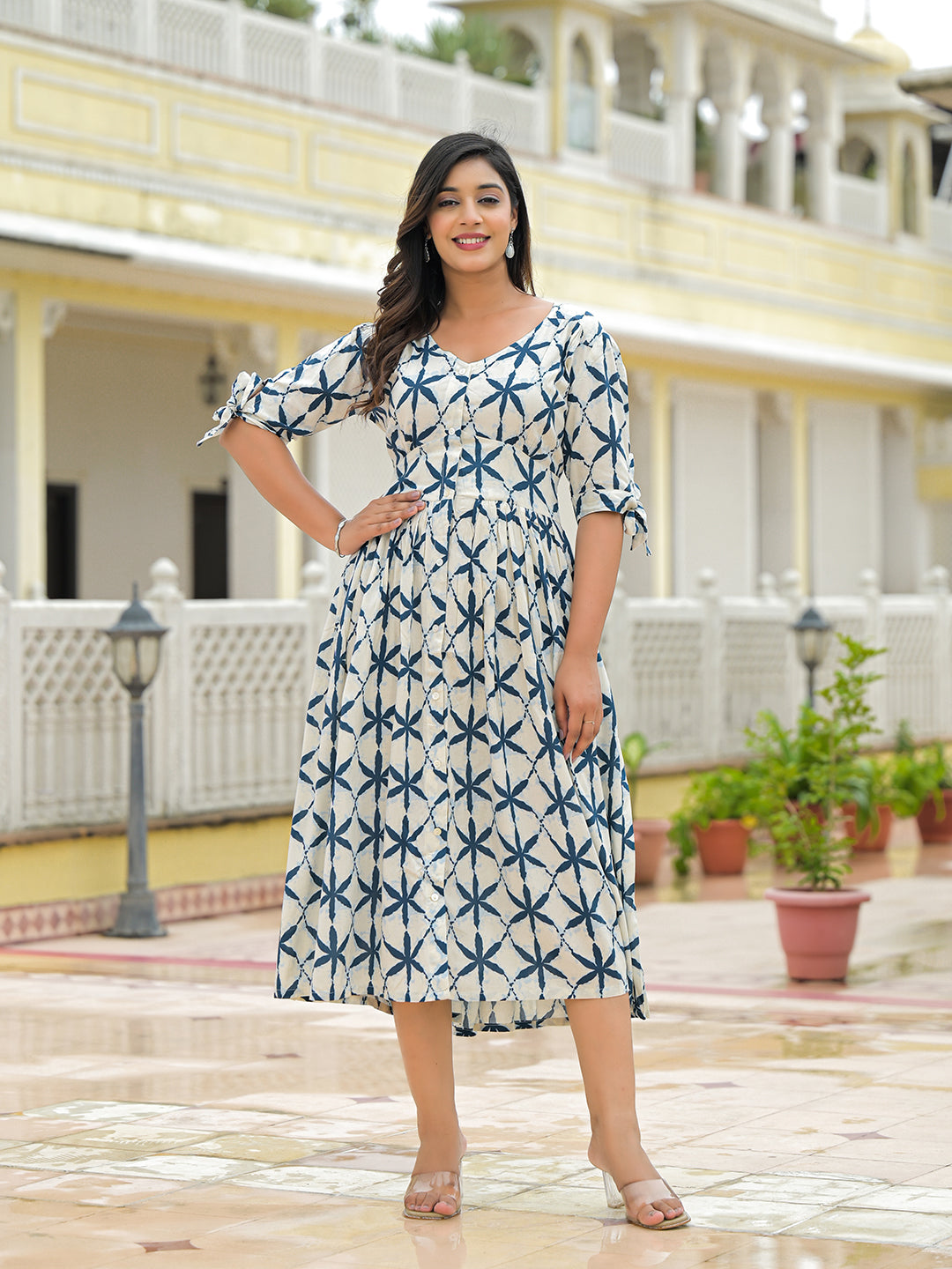 Noe Velarro Cream Rayon Flare Midi Dress