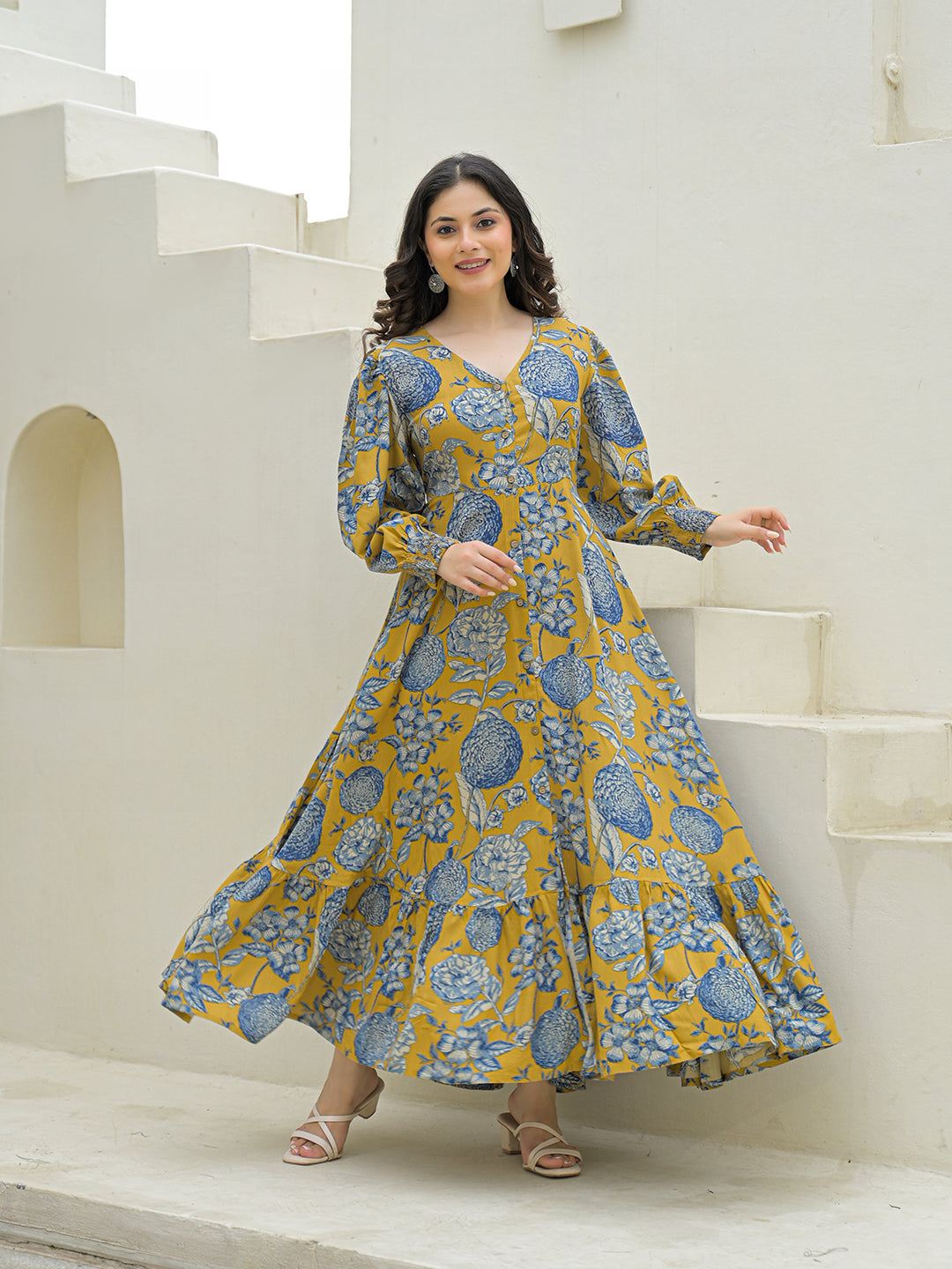 Noe Velarro Mustard Rayon Flare Dress