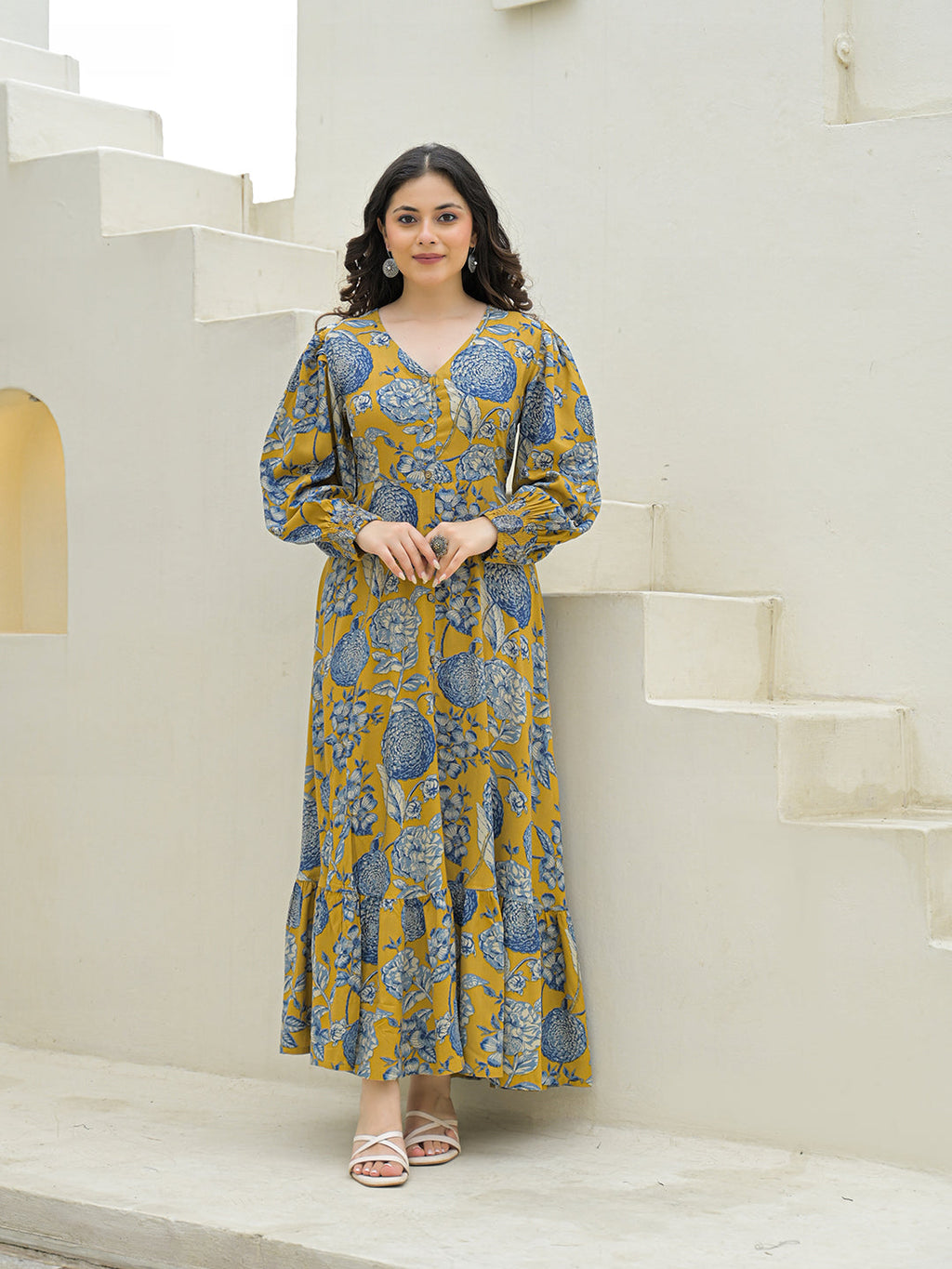 Noe Velarro Mustard Rayon Flare Dress