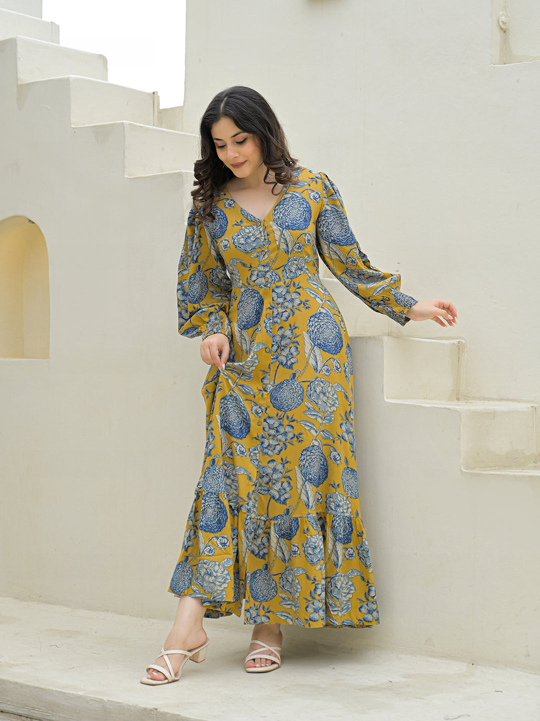Noe Velarro Mustard Rayon Flare Dress