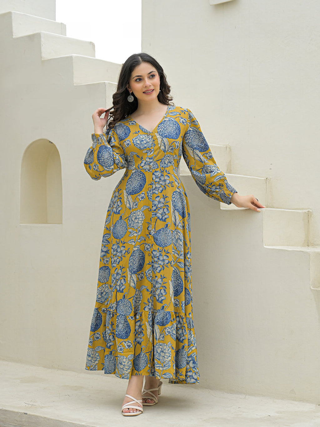 Noe Velarro Mustard Rayon Flare Dress