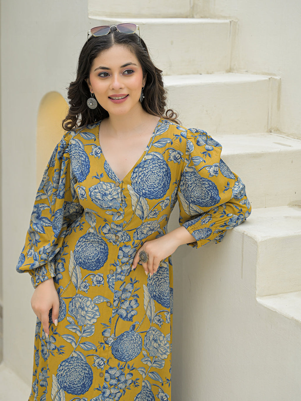 Noe Velarro Mustard Rayon Flare Dress