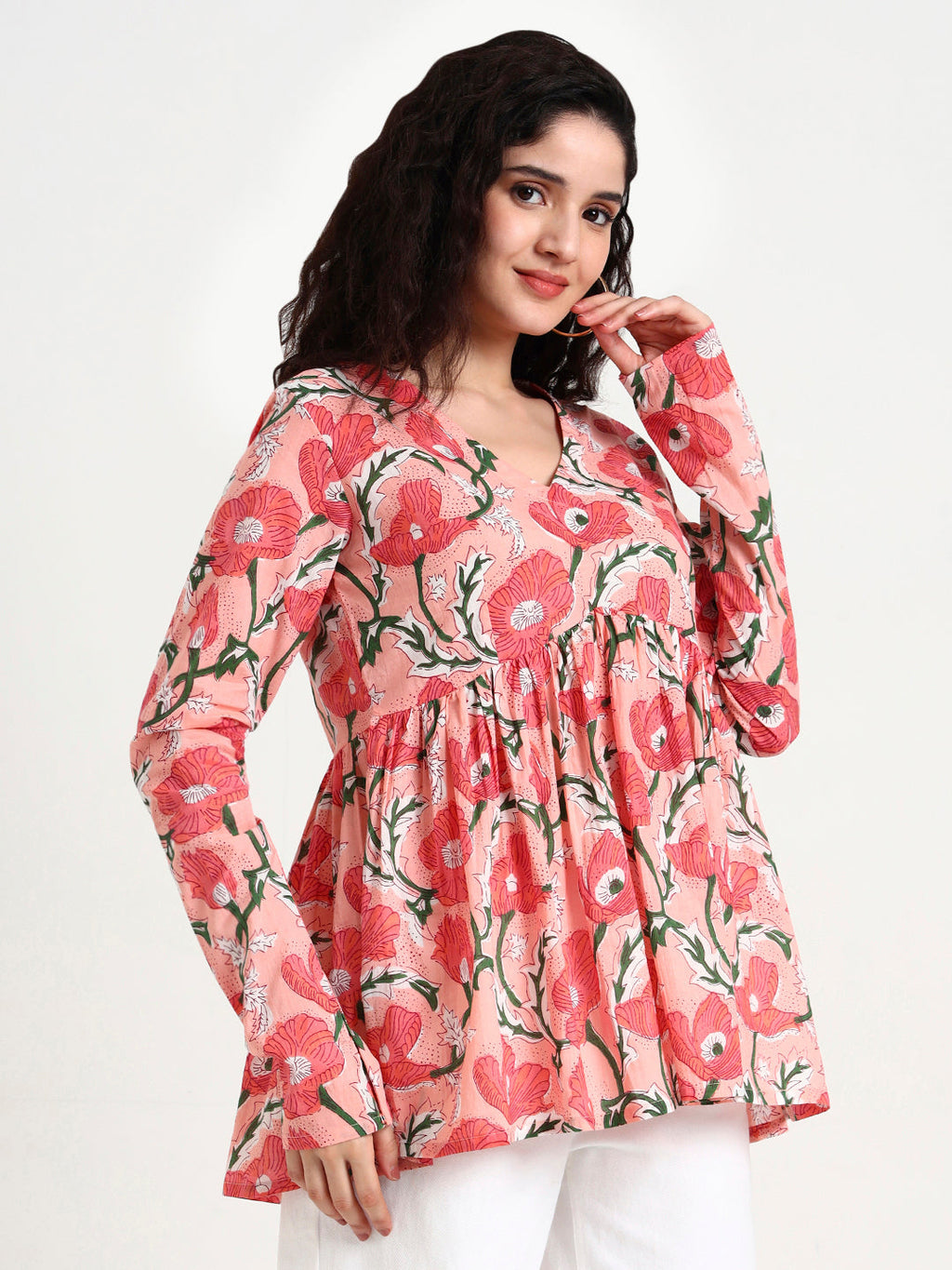 Noe Velarro Pink Floral Print Peplum Cotton Top