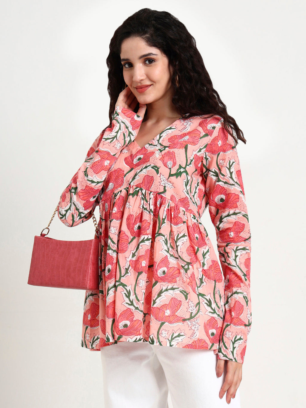 Noe Velarro Pink Floral Print Peplum Cotton Top