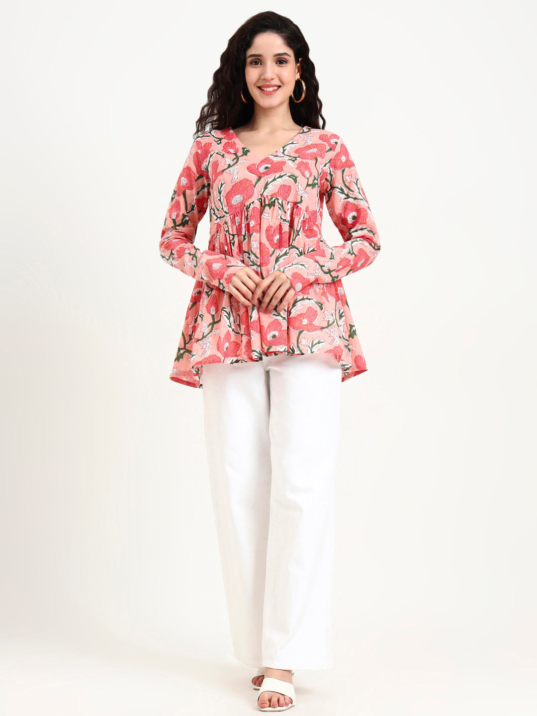 Noe Velarro Pink Floral Print Peplum Cotton Top