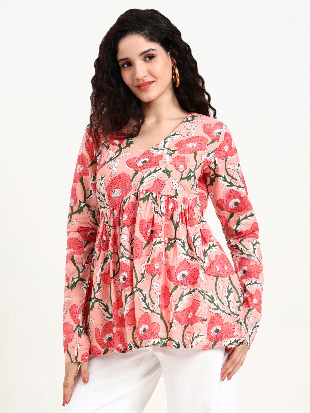 Noe Velarro Pink Floral Print Peplum Cotton Top