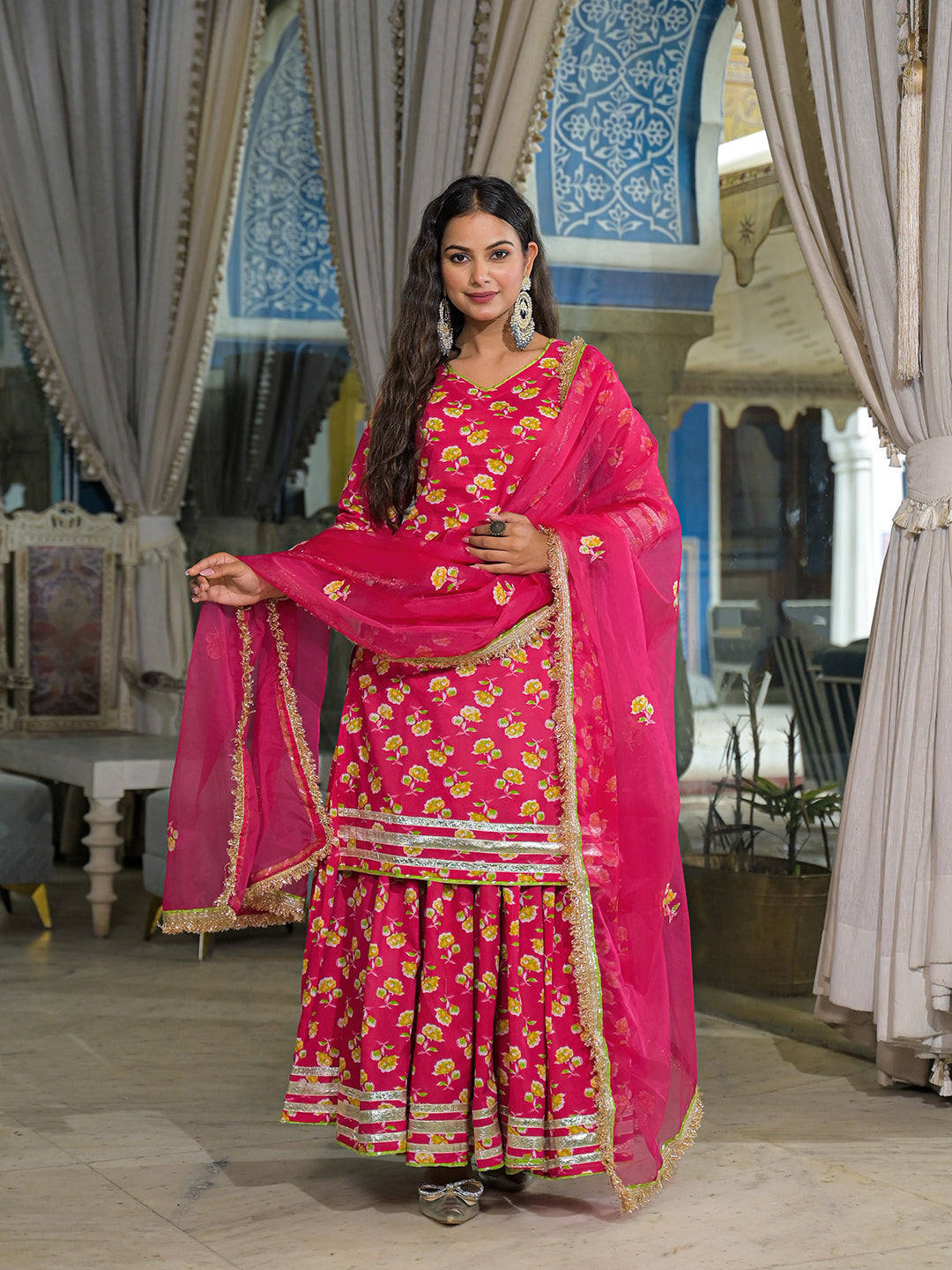 Noe Velarro Pink Cotton Kurti Lehenga Sets With Dupatta