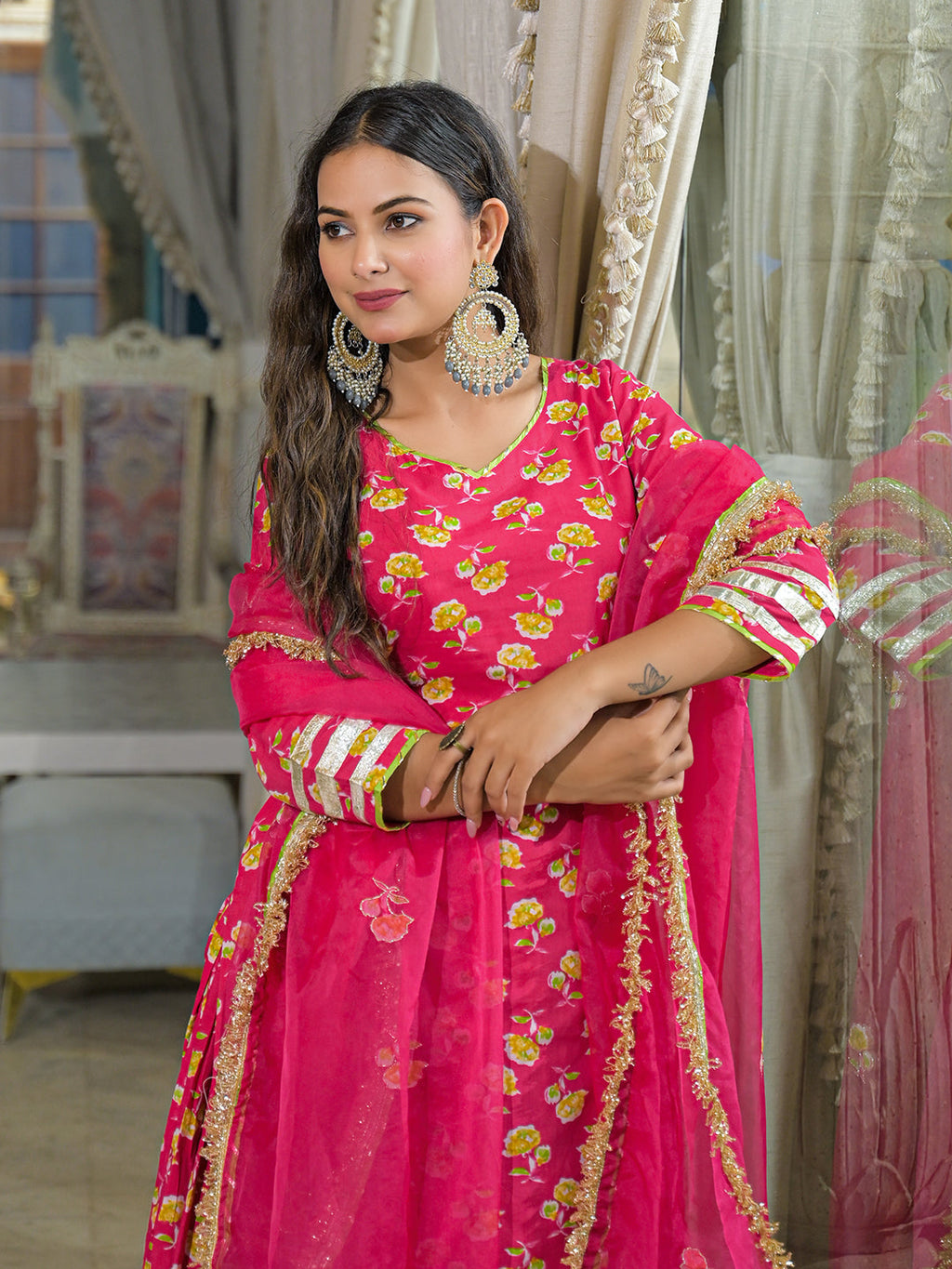 Noe Velarro Pink Cotton Kurti Lehenga Sets With Dupatta